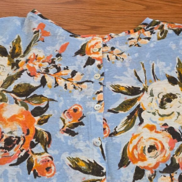 Joie Top Womens Large Blue Floral Linen Short Sleeve Casual Beachy Button Back - Picture 9 of 12